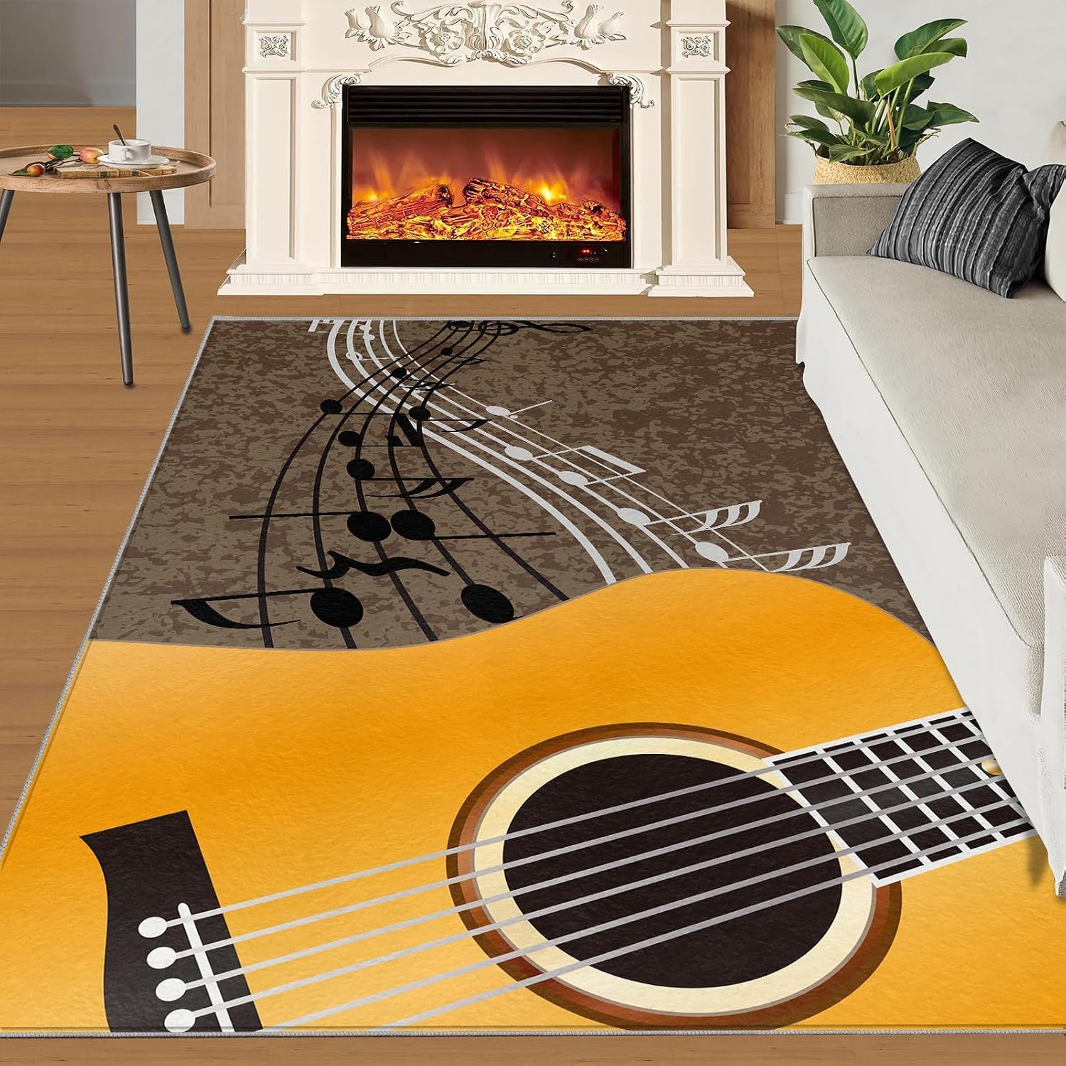 5x7 Area Rugs Yellow Guitar Art Soft Washable Carpet, Yellow Guitar Music Upholstery Rug with Non-Slip Backing for Kids Boys Girls Bedroom Living Room Dining Room Study