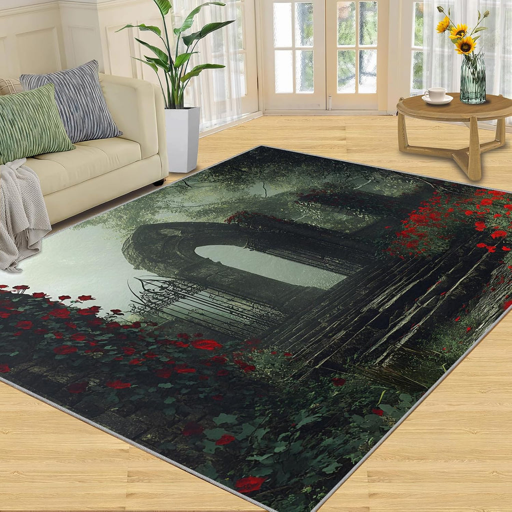 European Rug 6x8-6x8 Rug, Red Flower Area Rugs for Living Room Bedroom, Gothic Area Carpet, Landscape Washable Carpet, European Home Decor & Gifts