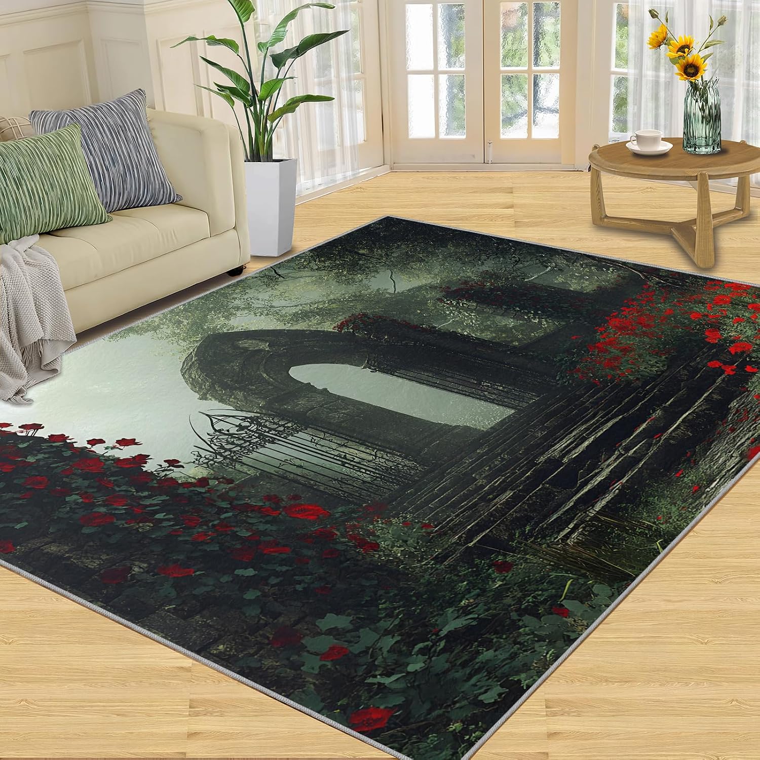 European Rug 6x8-6x8 Rug, Red Flower Area Rugs for Living Room Bedroom, Gothic Area Carpet, Landscape Washable Carpet, European Home Decor & Gifts