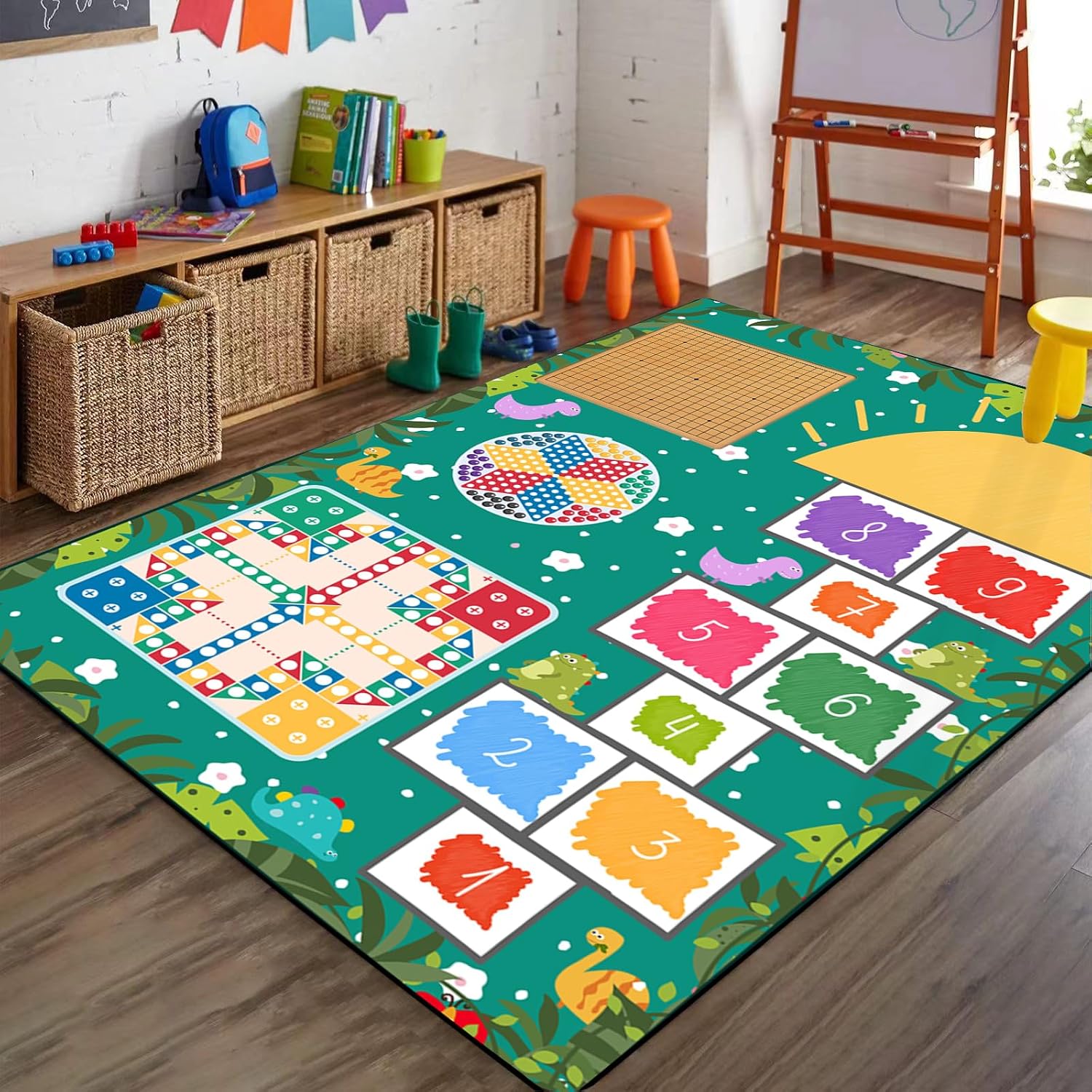 Hopscotch Cartoon Kids Rugs, 6x8ft, Flying Chess Gobang Classroom Playing Carpet, Washable Home Decor Non-Skid Carpet, Non-Shedding Low Pile Thin Nursery Mat for Kitchen Indoor Entryway