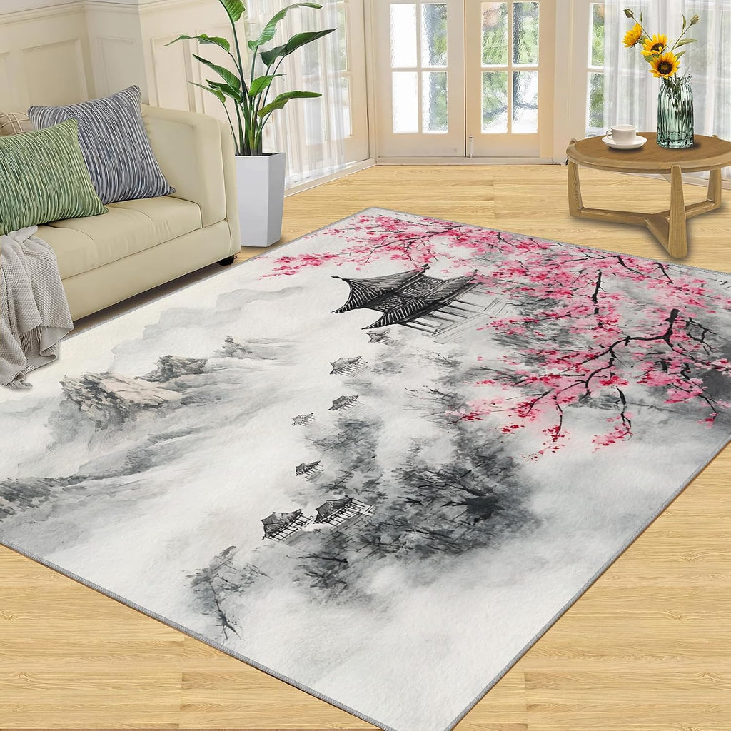 Japanese Rugs for Bedroom - 6x8 Rug, Cherry Blossom Area Rugs for Living Room, Ink Painting Mountains Carpet, Oriental Washable Mat, Japanese Home Decor & Gifts