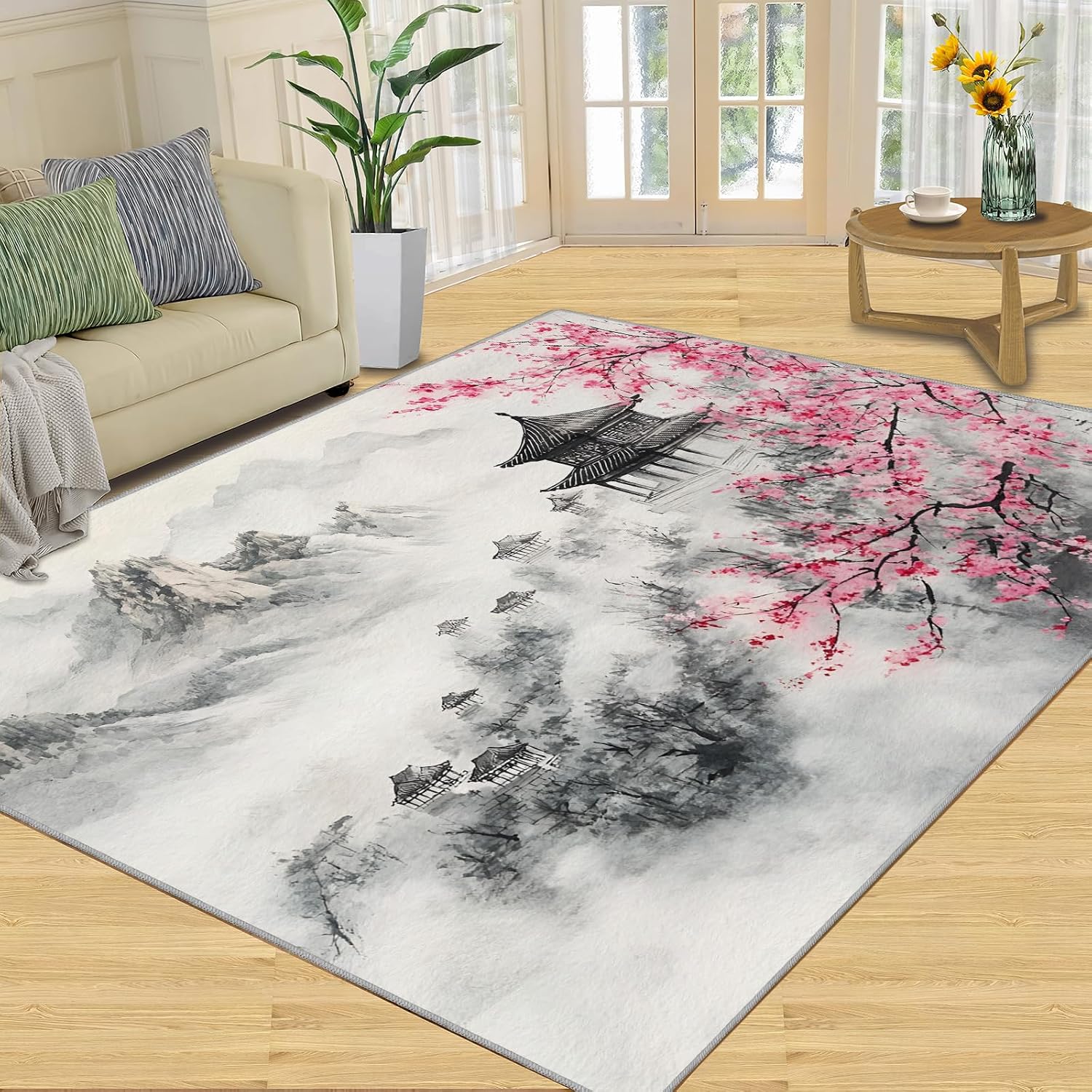 Japanese Rugs for Bedroom - 6x8 Rug, Cherry Blossom Area Rugs for Living Room, Ink Painting Mountains Carpet, Oriental Washable Mat, Japanese Home Decor & Gifts