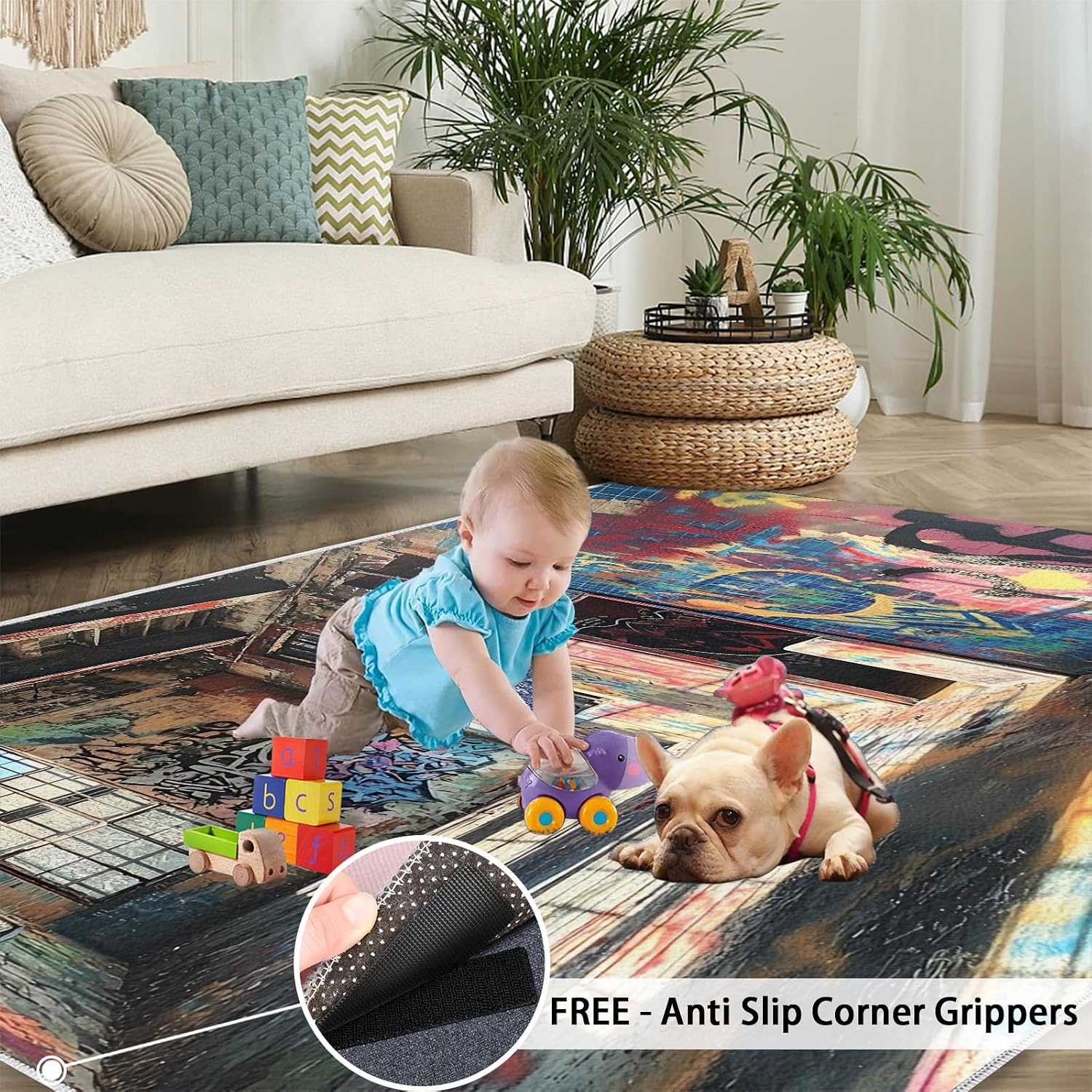 6x8 Graffiti Area Rug - Street Graffiti Large Rugs for Living Room, Ruins Scene Carpet Area Rug for Girls Bedroom Kids Room Basement Office Classroom