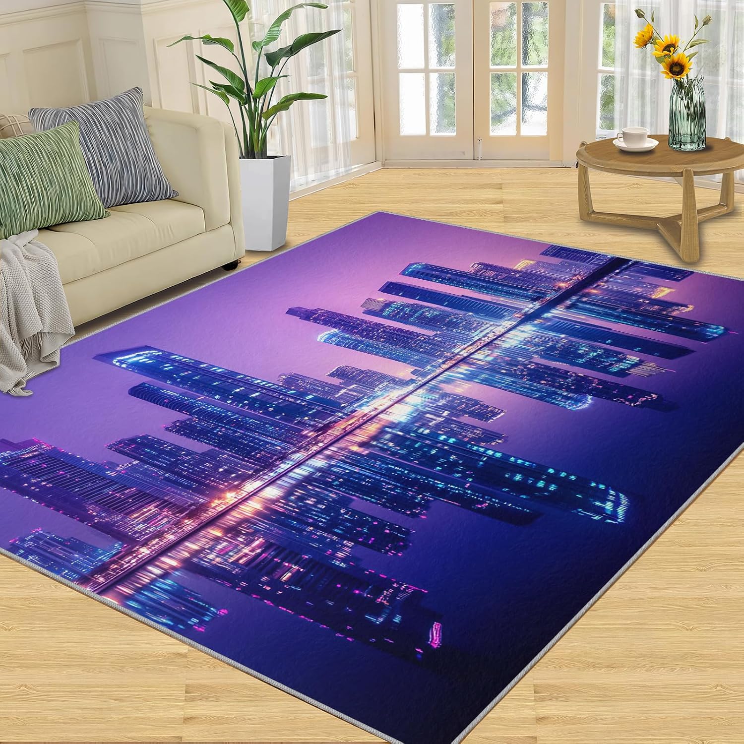City Nightscape Area Rug 6x8 - Futuristic City Large Rugs for Living Room, Technological Buildings Carpet Area Rug for Girls Bedroom Kids Room Basement Office Classroom