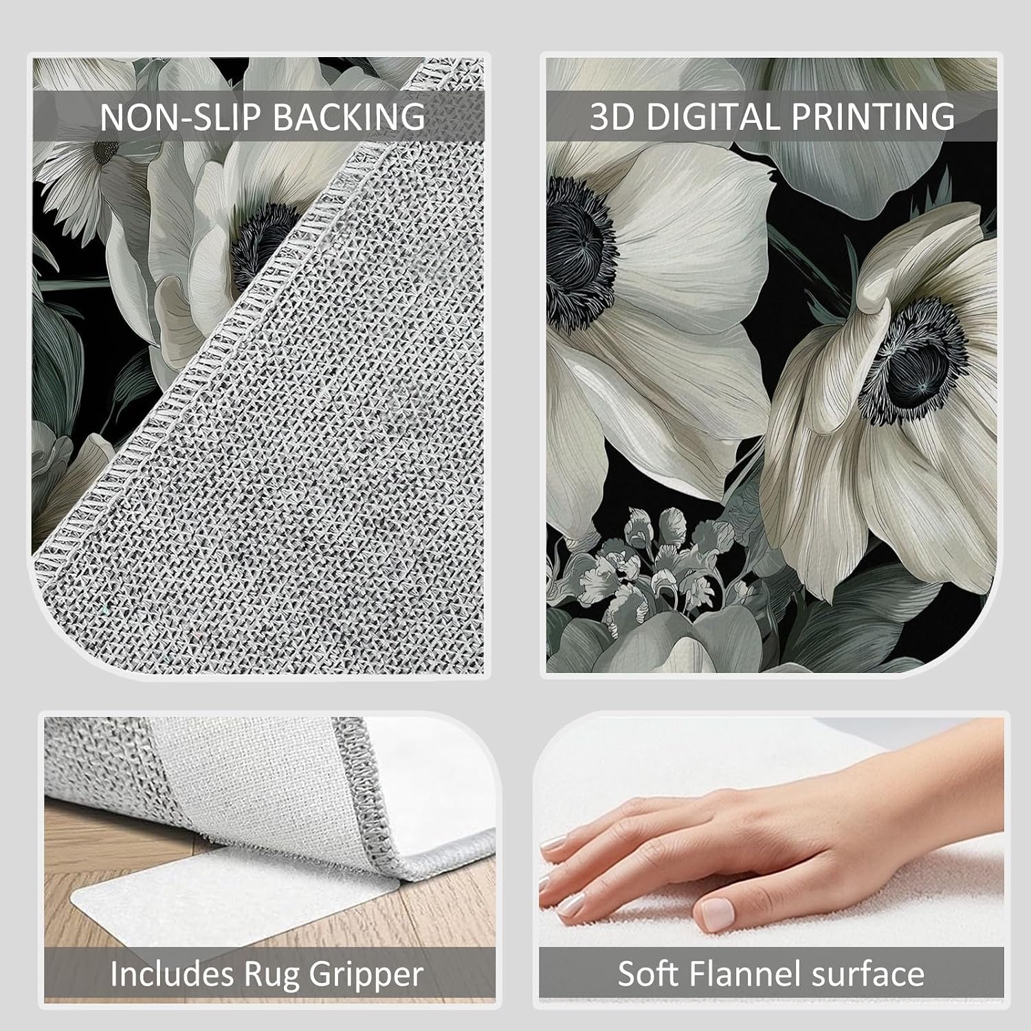 Watercolor Flowers Plants Low-Pile Washable Area Rug 5 x 7 ft, Elegant Luxury Bedroom Non-Slip Carpet Non-Shedding Living Room Rugs Floor Carpet for Kids Nursery Room Office Dining Room