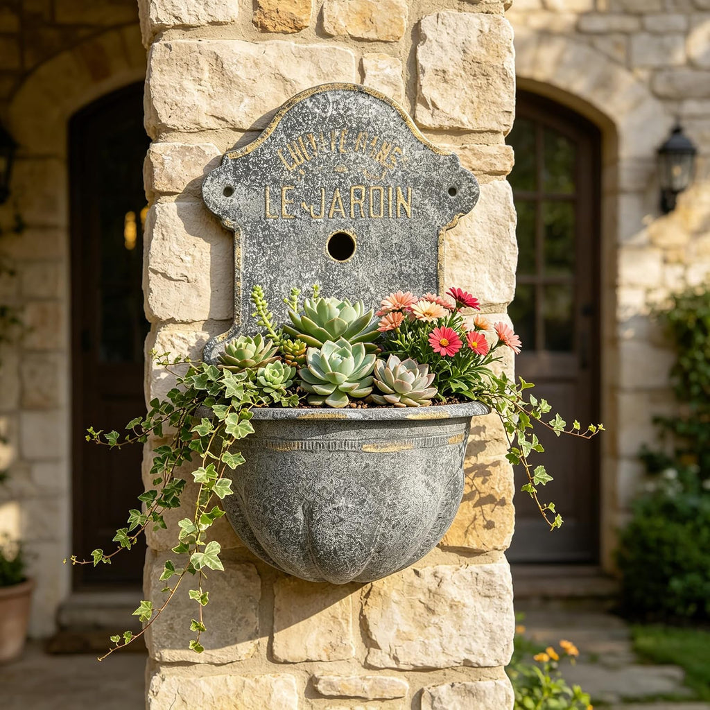 Large French Country Wall Planter, 27.95' H x 18.11' W Vintage Metal Le Jardin Wall Mounted Flower Pot, Rustic Farmhouse Vertical Garden Planter for Indoor Outdoor Patio, Living Room, Balcony Decor