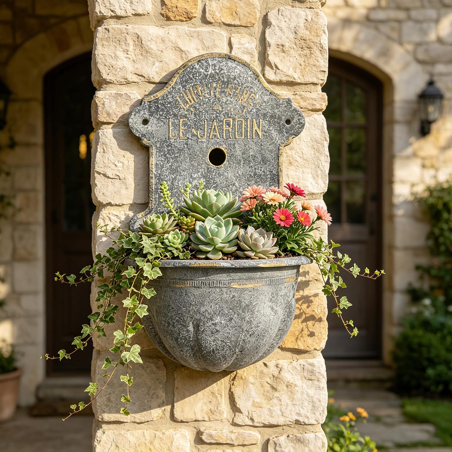 Large French Country Wall Planter, 27.95' H x 18.11' W Vintage Metal Le Jardin Wall Mounted Flower Pot, Rustic Farmhouse Vertical Garden Planter for Indoor Outdoor Patio, Living Room, Balcony Decor