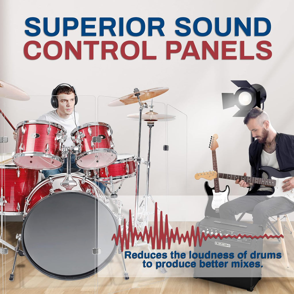 PENNZONI Drum Shield 4ft w/Chrome Hinges, Comes w/ 5 Drum Panels, & 8 Chrome Hinges, Premium Clear Acrylic Panels, Drum Screen