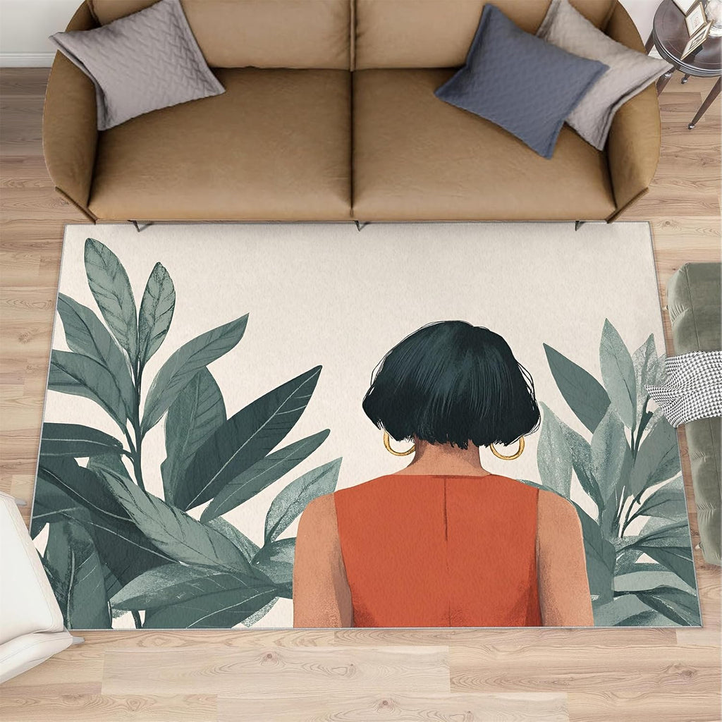 6x8 Fashion Portraits Classroom Rugs - Woman Plants Playroom Rug, Minimalist Art Carpet Area Rug for Girls Bedroom Kids Room Basement Office Classroom