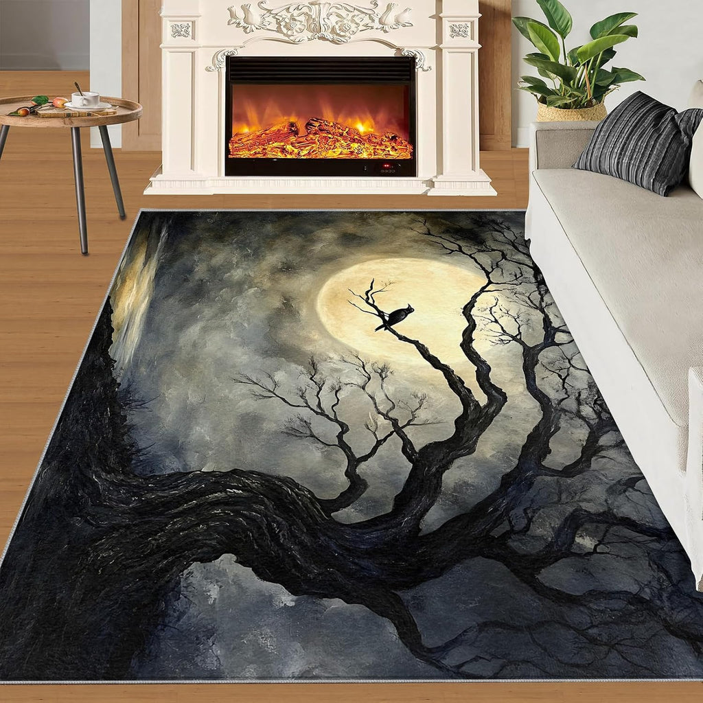 Crow Rug 6x8, Moon Rugs for Bedroom, Gothic Art Area Rug, Non Slip Washable Rugs for Living Room Farmhouse, Indoor Low Pile Decor Carpet