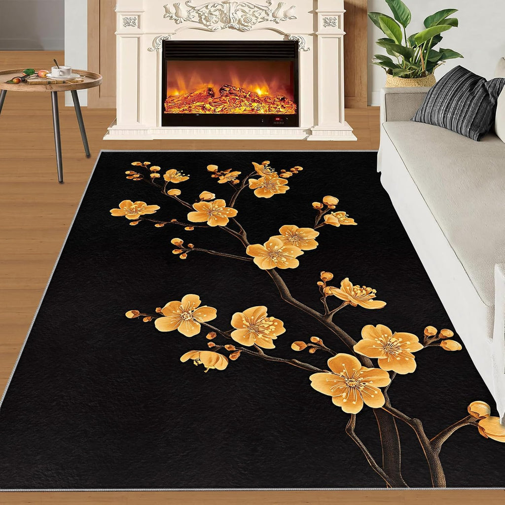 Golden Flowers Rug 6x8, Luxury Flowers Rugs for Living Room, Oriental Art Area Rug, Non Slip Washable Rugs for Bedroom Kitchen Dining Room Decor Carpet