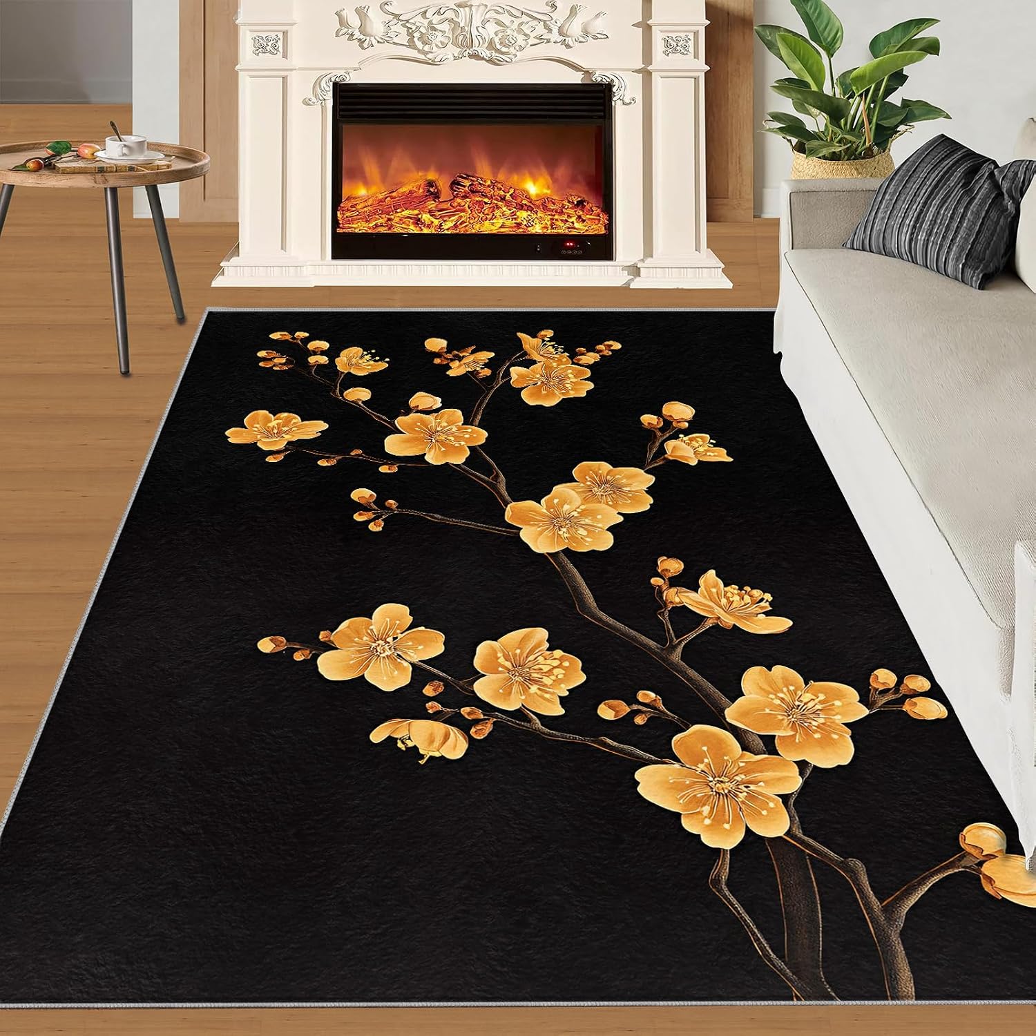 Golden Flowers Rug 6x8, Luxury Flowers Rugs for Living Room, Oriental Art Area Rug, Non Slip Washable Rugs for Bedroom Kitchen Dining Room Decor Carpet