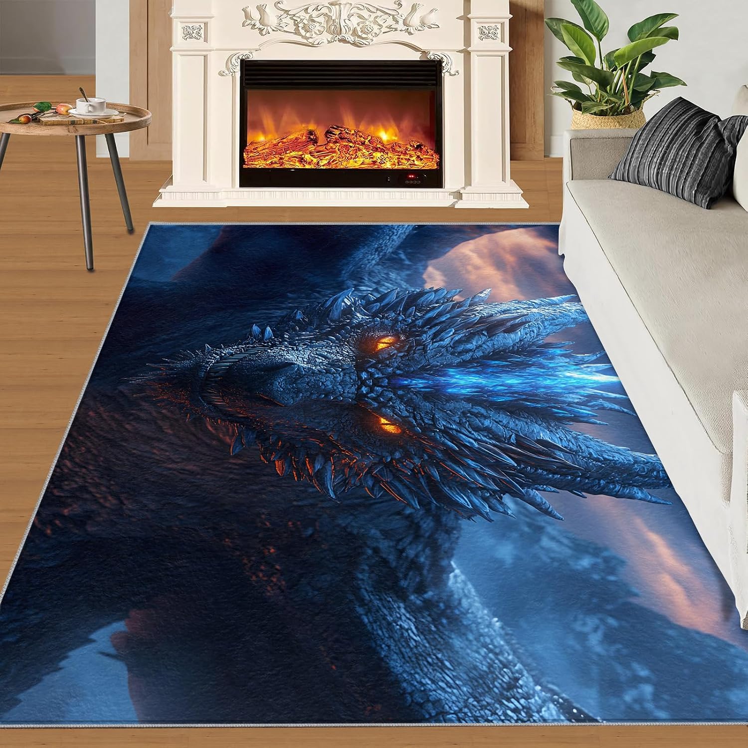 Dragon Rugs for Bedroom, Blue Dragon Area Rug, Fantasy Animal Prints Rugs for Living Room, 6x8 Washable Rug Non Slip & Low Pile, Indoor Carpet & Home Decor