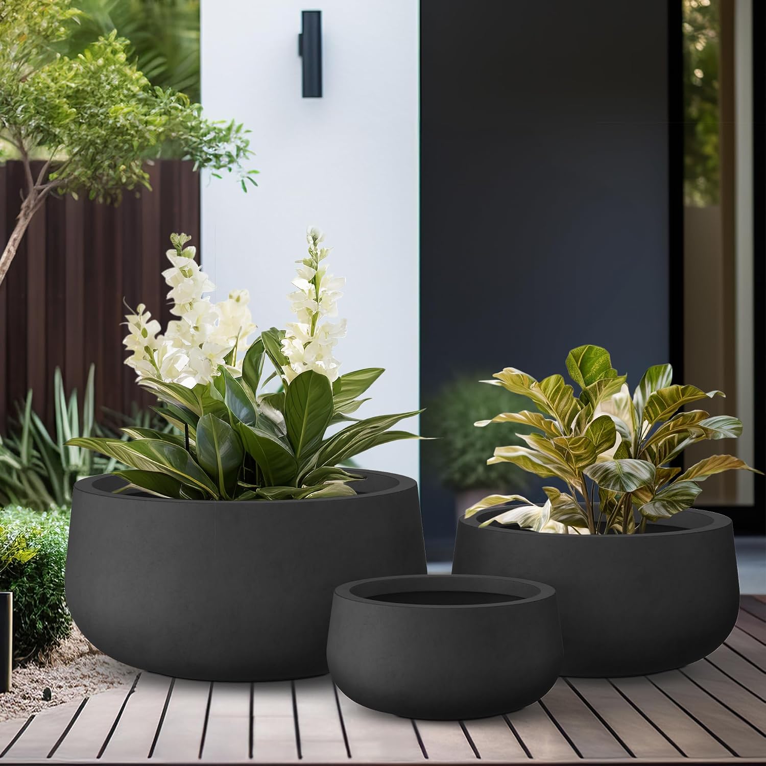 Kante 19.6',15.7',11.8' Dia Round Concrete Planters Set of 3, Outdoor Indoor Garden Plant Pots with Drainage Hole and Rubber Plug, Modern Curvaceous Design, Black