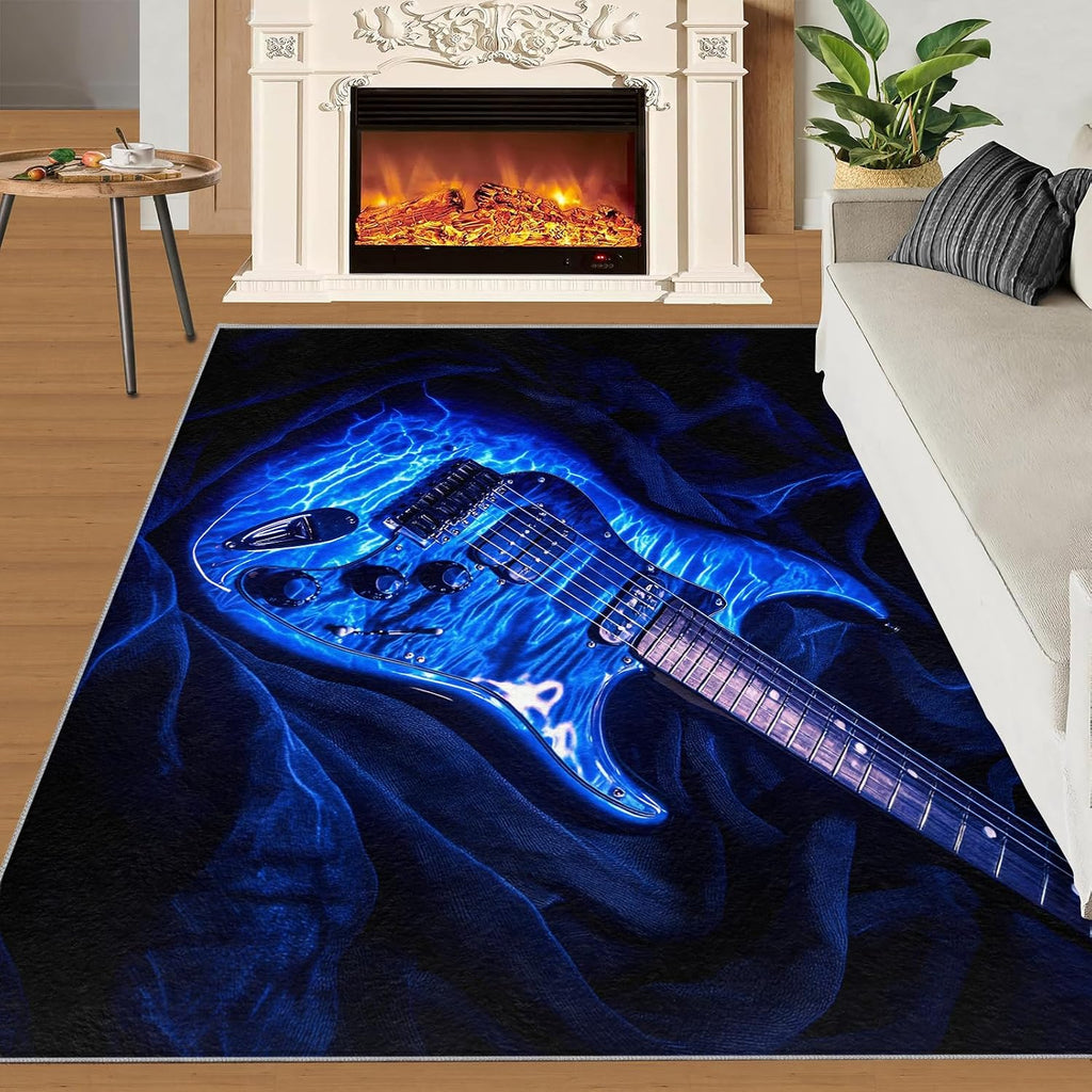 Guitar Rugs for Music Room - Boys Musical Rug, 6x8 Rug, Music Washable Rugs for Living Room Bedroom, Blue Area Rug, Rock and Roll Carpet - Home Decor, Electric Guitars Gifts for Men