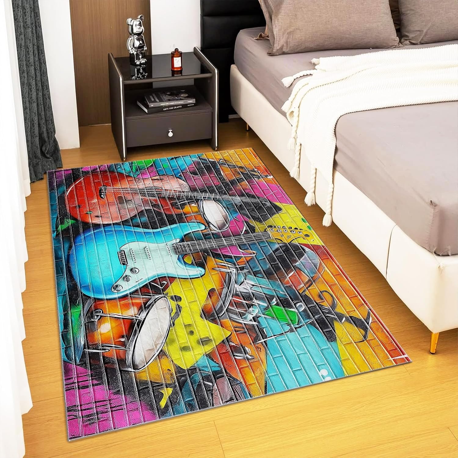 Washable Area Rugs 6x8 ft Colorful Graffiti Guitar Living Room Rug Non-Slip Indoor Floor Carpet for Bedroom Nursery Kids Playroom Office Dining Room Home Decor