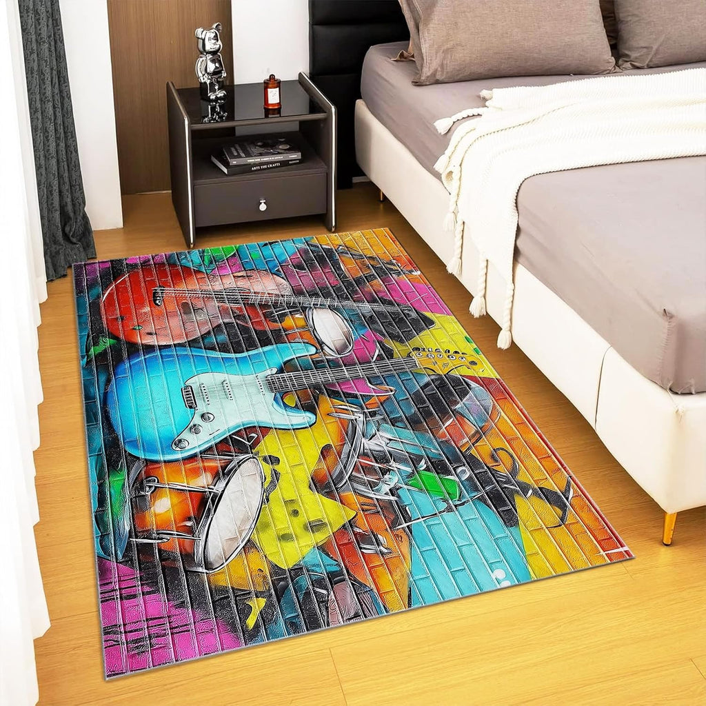 Area Rugs for Living Room 5x7 ft Colorful Graffiti Guitar Washable Non-Slip Rug, Modern Low Pile Soft Indoor Print Carpet for Bedroom Dining Room Farmhouse Home Office