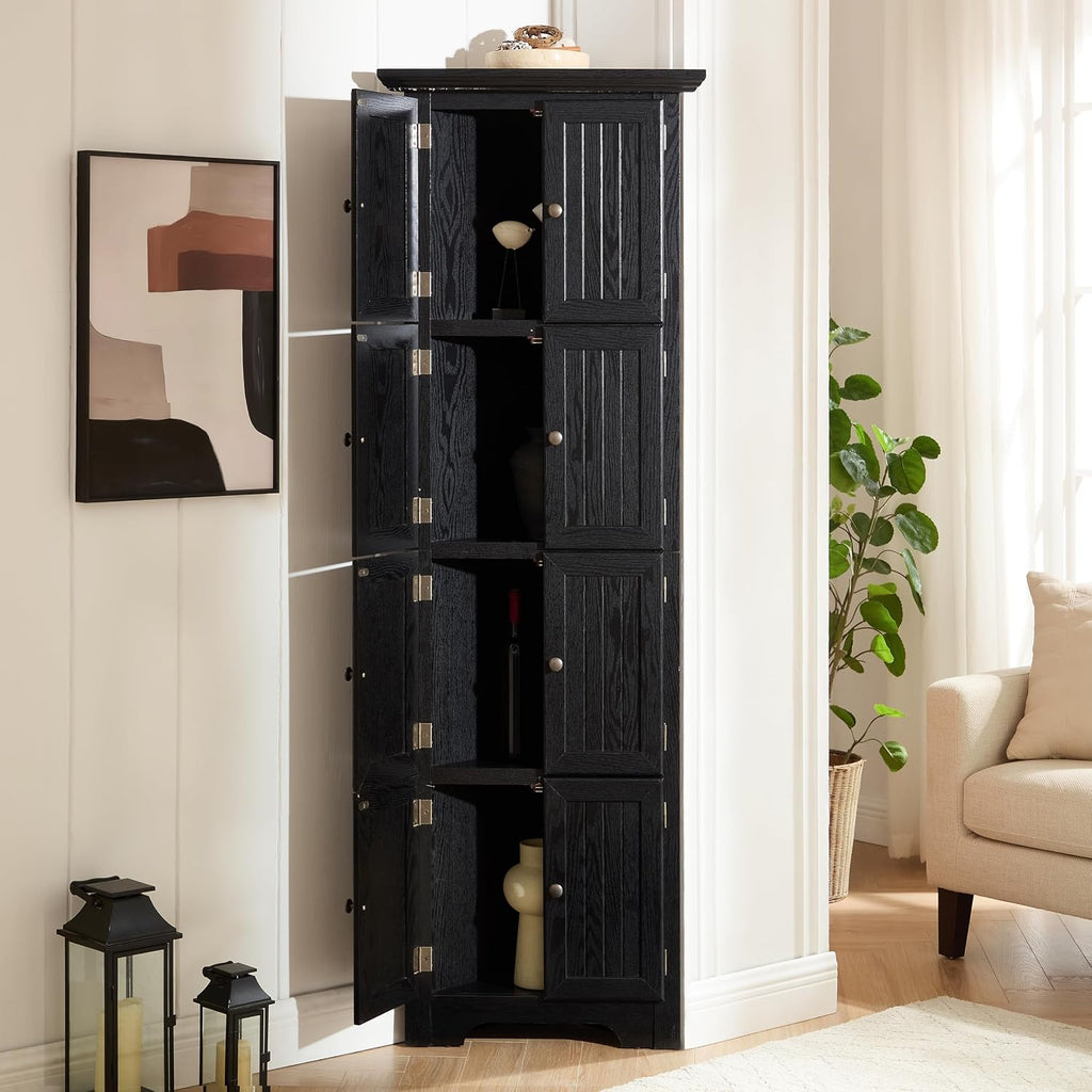 72' Sturdy Freestanding Storage Cabinet, Kitchen Storage Bakers Rack with Tiered Shelves, Utility Food Cupboard with Spacious Doors for Kitchen, Bathroom, Living Room, Black