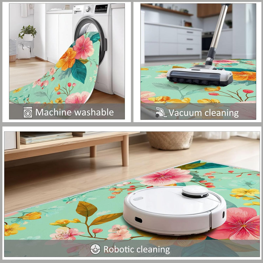 Pastoral Living Room Carpet 5 x 7 ft Area Rug, Washable Non-Slip Indoor Carpet for Bedroom - Plants Floral Mint Green Print Kids Rug for Nursery Playroom Classroom Dorm Office Dining Room