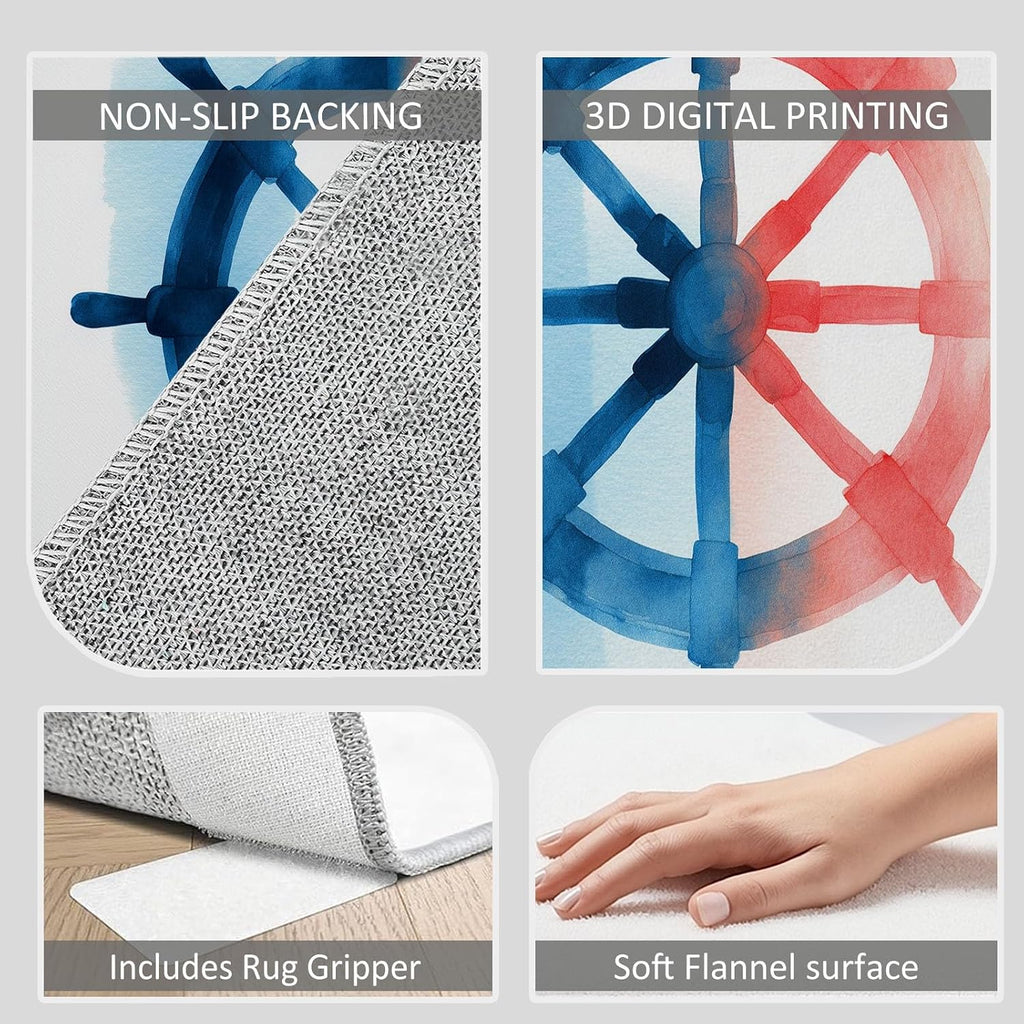 Washable Non-Slip Area Rug 5 x 7 ft, Watercolor Nautical Wheel Print Washable Rugs for Living Room - Soft Nautical Theme Low Pile Carpet for Bedroom Bedside Dining Room Nursery
