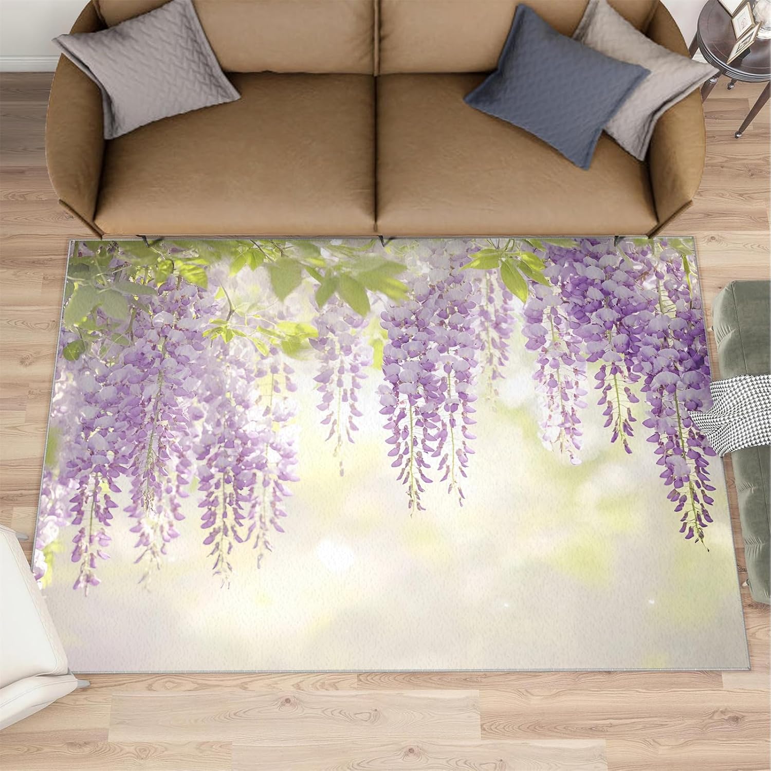Lavender Rug Large - 6x8 Rug, Purple Wisteria Area Rugs for Bedroom, Modern Floral Rugs for Living Room, Nature Washable Mat, Aesthetic Carpet, Floral Home Decor & Gifts