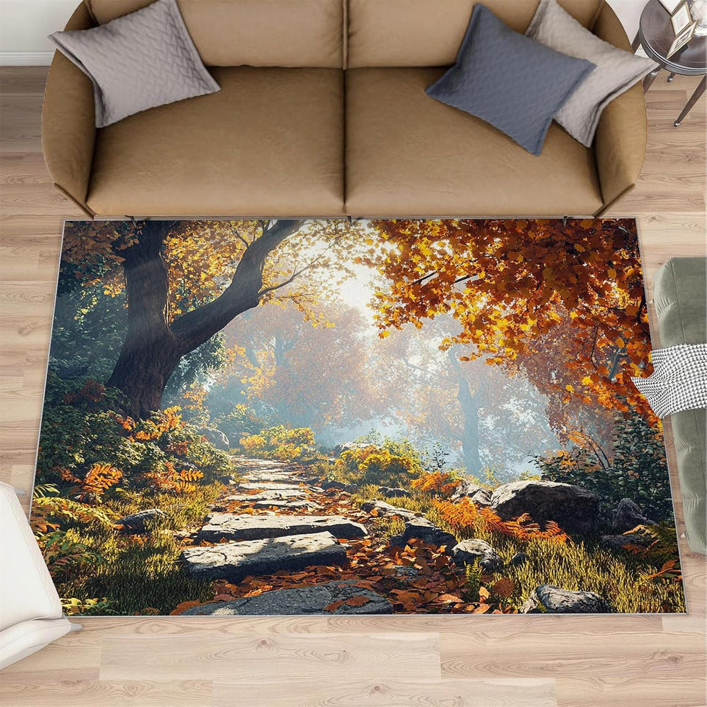 Forest Area Rug Large - 6x8 Rug, Autumn Forest Rugs for Living Room, Stone Path Carpet, Fall Washable Area Rugs for Bedroom, Woodland Carpet, Fall Home Decor