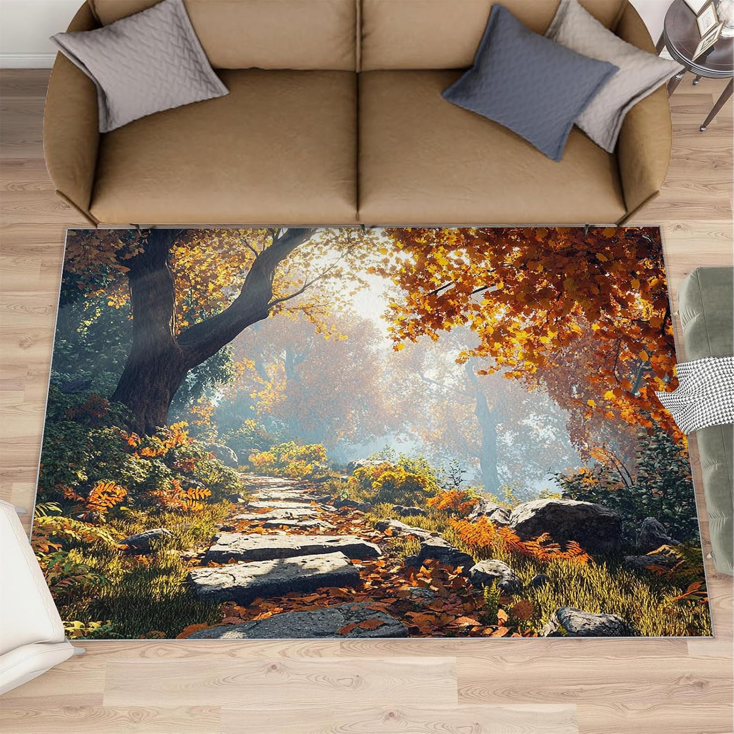 Forest Area Rug Large - 6x8 Rug, Autumn Forest Rugs for Living Room, Stone Path Carpet, Fall Washable Area Rugs for Bedroom, Woodland Carpet, Fall Home Decor