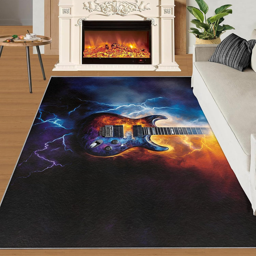 Guitar Rugs for Music Room - Music Rug, 6x8 Rug, Boys Musical Washable Rugs for Living Room Bedroom, Cool Lightning Area Rug, Rock and Roll Carpet - Home Decor, Electric Guitars Gifts for Men