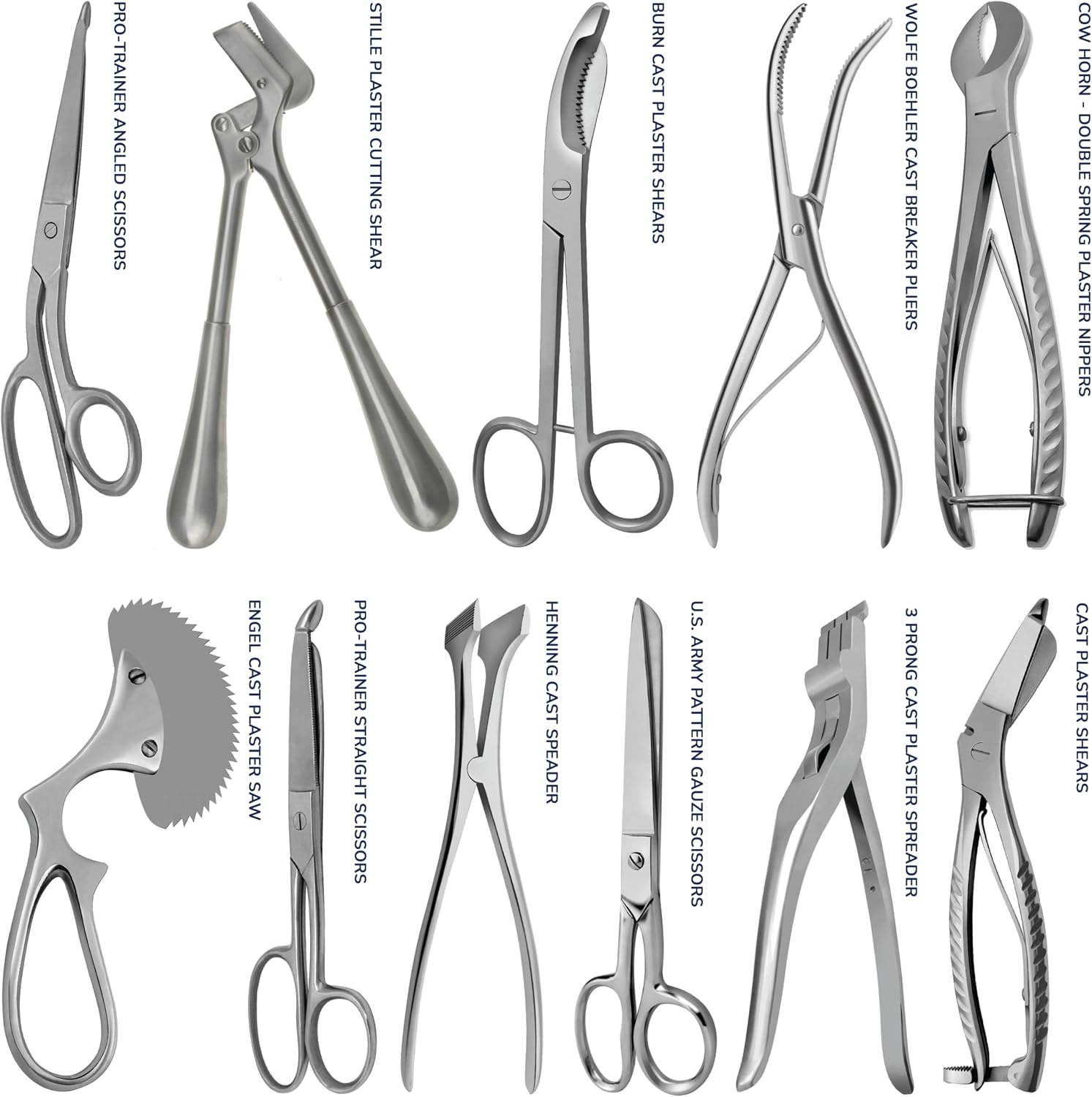 Cast Spreader 3 Prong, Burn Cast & Plaster Shear, Scissors Pliers Forceps Plaster Opner Orthopedic Tools Instruments German Grade Stainless Steel (11 pcs Set)