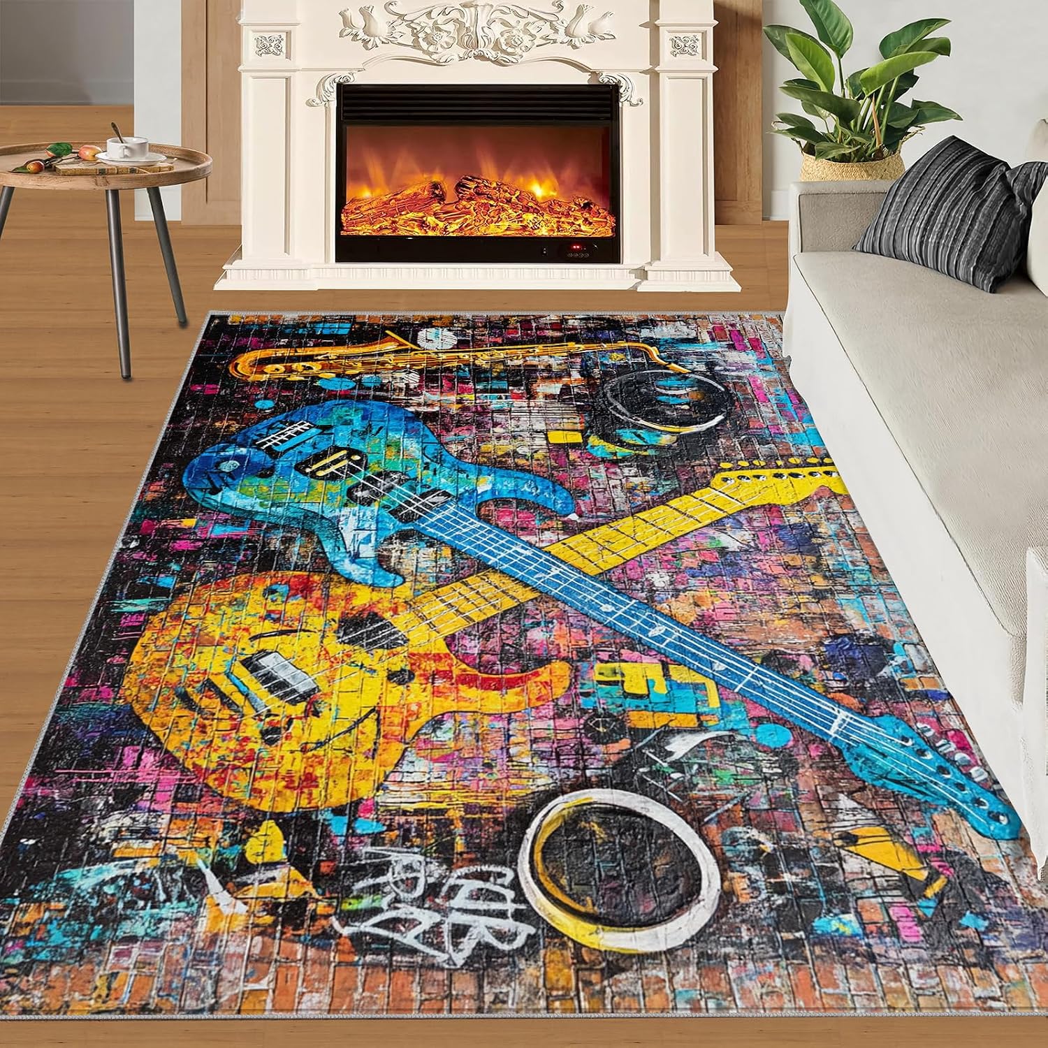 Guitar Rug 6x8-6x8 Rug, Music Area Rugs for Bedroom, Graffiti Art Rugs for Living Room, Abstract Graffiti Washable Mat, American Guitars Carpet, Guitar Home Decor