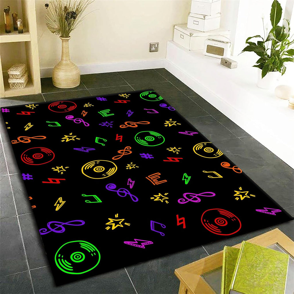 Music Themed Living Room Carpet, 6x8ft, Colorful CD Record Note Playing Mat, Electronic Music Soft Cozy Non-Slip Carpets, Low Pile Dirty Resistant Washable Rugs for Entryway Family