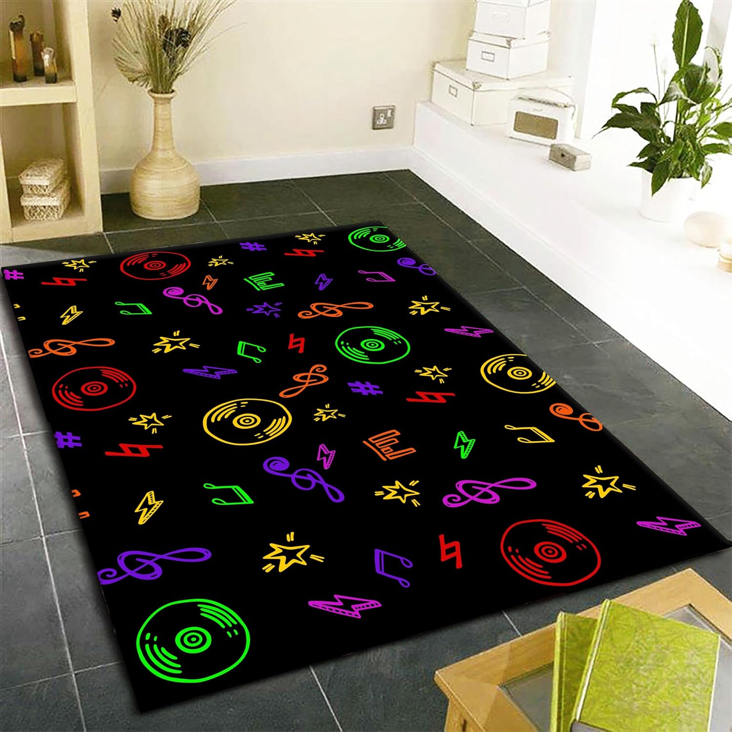 Music Themed Living Room Carpet, 6x8ft, Colorful CD Record Note Playing Mat, Electronic Music Soft Cozy Non-Slip Carpets, Low Pile Dirty Resistant Washable Rugs for Entryway Family