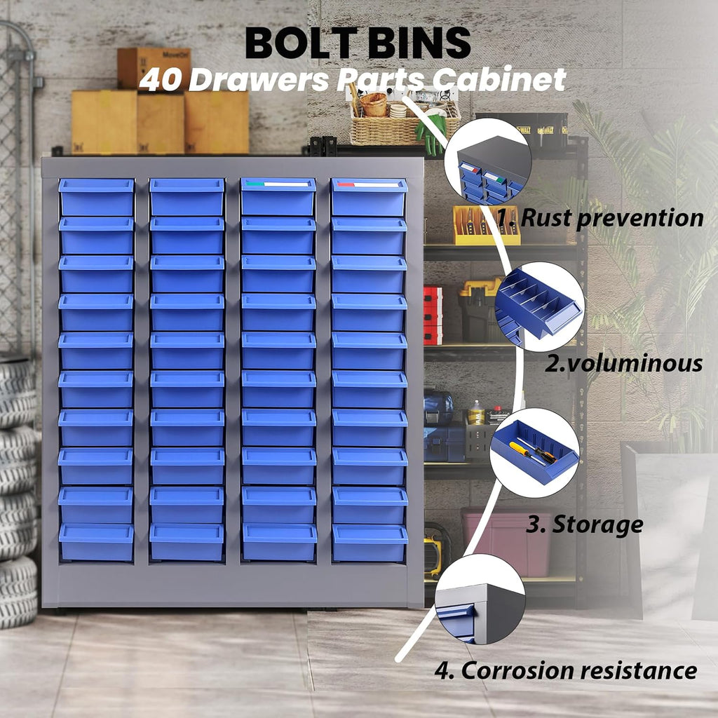 40 Drawer Nut and Bolt Organizer, Parts Cabinet with Shelf and Label, ABS Material Bolt Bin, Blue Bolt Bins Organizer for Shop, Nuts and Bolts Organizers for Tool Hardware Storage