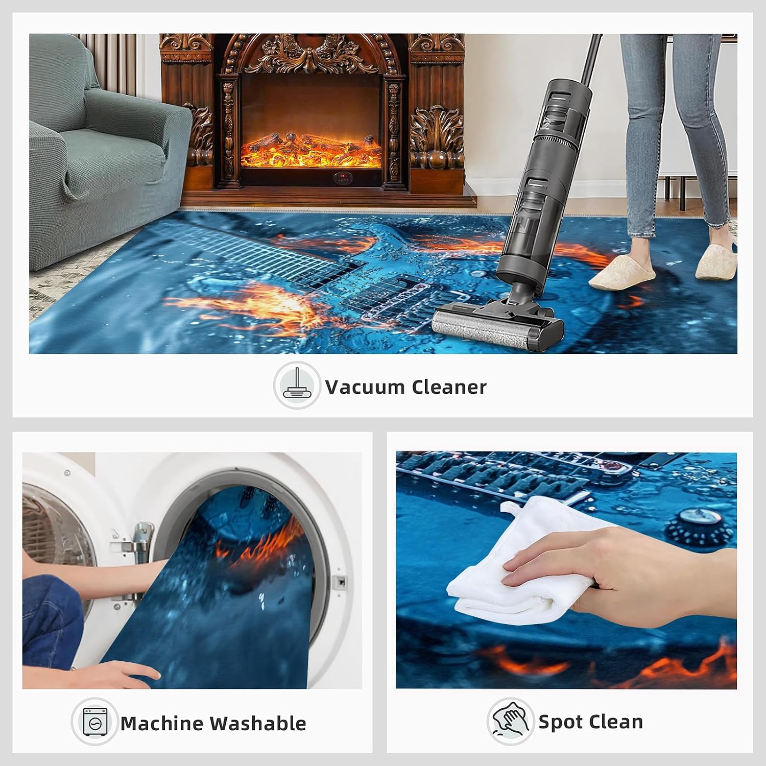 Guitar Rug 5x8, Cool Guitar Rugs for Bedroom, Rock Music Rugs for Living Room, Washable Area Rug for Boys Girls Room, Non Slip & Low Pile Carpet