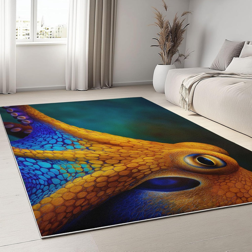 Nature Photography Washable Living Room Rugs, 6' x 8' Area Rugs for Bedroom ‎‎‎‎Nursery Soft Non-Slip Stain Resistant Marine Animals Polka Dot Octopus Print Throw Carpet for Kids Playroom Office