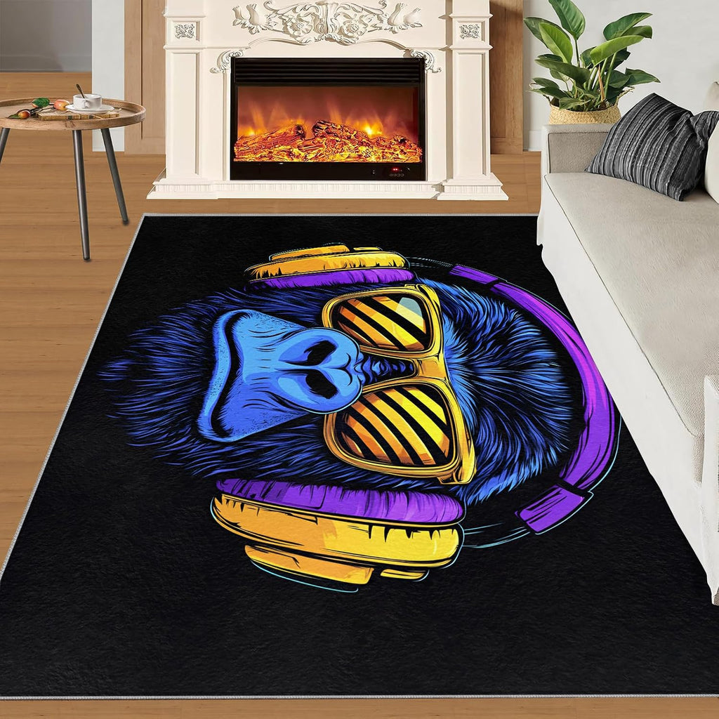 Gorillas Rug - 6x8 Rugs for Bedroom, Music Gorillas Area Rug, Black Monkey Washable Rugs for Living Room, Non Slip Animal Indoor Carpet - Home Decor, Tropical Wildlife Gifts for Kids