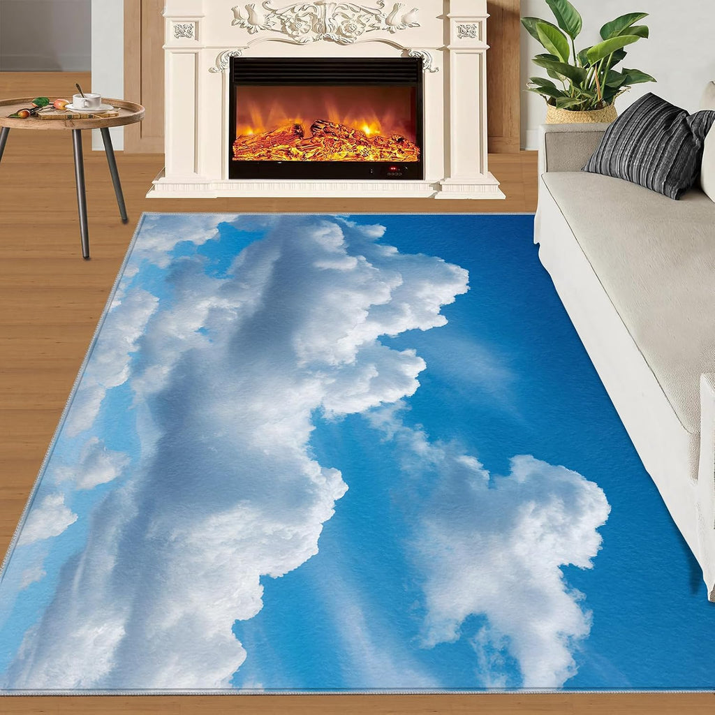 Blue Sky Rugs for Bedroom, White Clouds Rug 6x8, Natural Scenery Dining Room Rugs Washable & Non Slip Large Carpet for Home Decor
