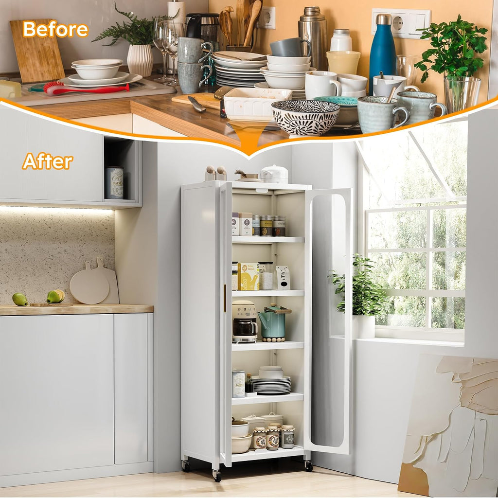 Runboll Kitchen Pantry Storage Cabinet, 6 Tier Metal Sideboard with Wheels and Acrylic Glass Door, Modern Display Curio Cabinet Bookcase White