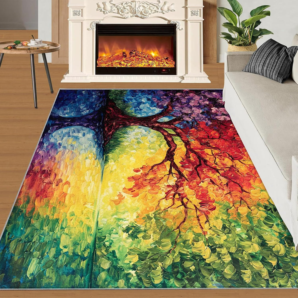 Colorful Tree Area Rug 6x8 - Tree of Life Large Rugs for Living Room, Abstract Oil Painting Carpet Area Rug for Girls Bedroom Kids Room Basement Office Classroom