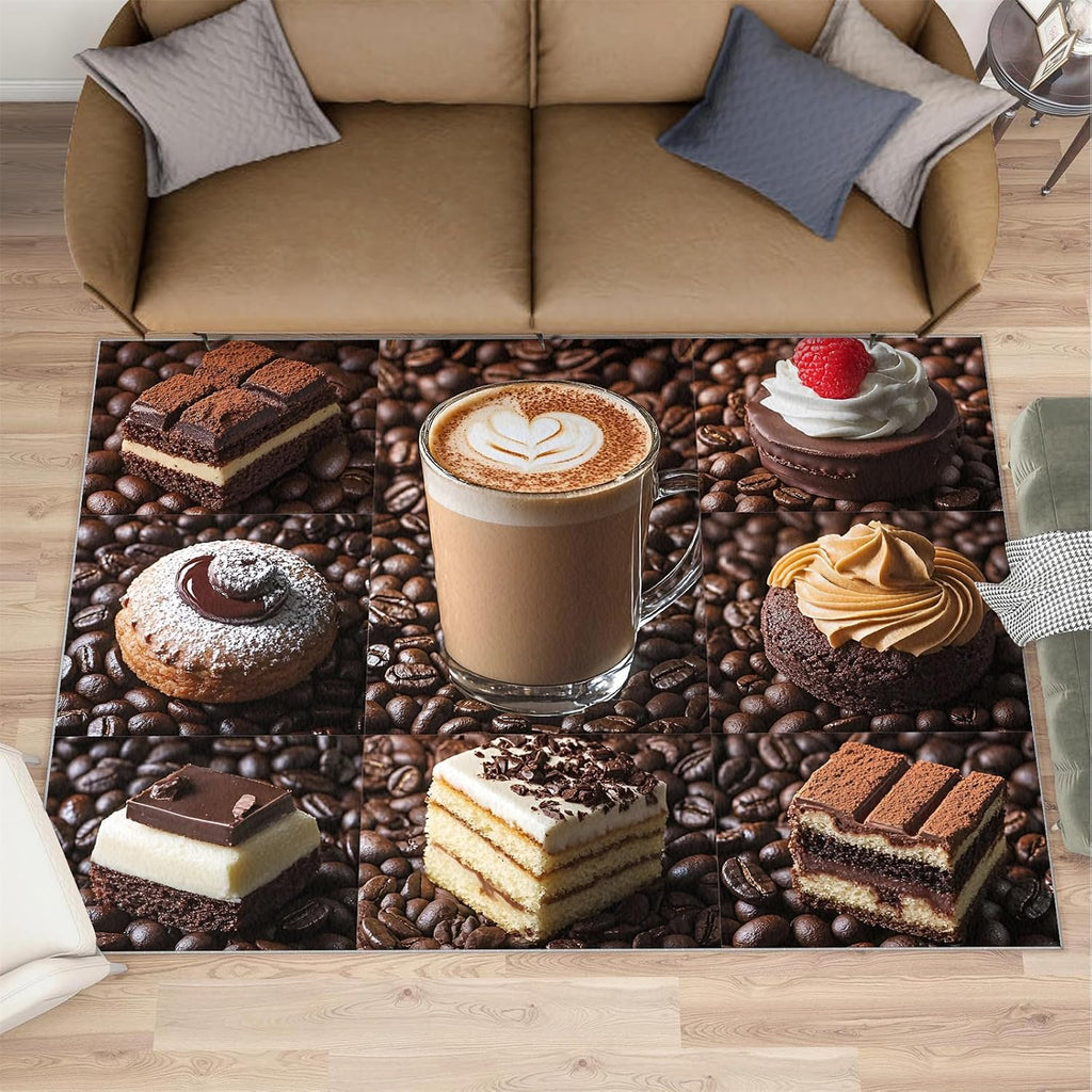 Coffee Rug 6x8, Cake Area Rug, Coffee Shop Rugs for Living Room, Washable Rugs for Bedroom, Non Slip Low Pile Floor Mats