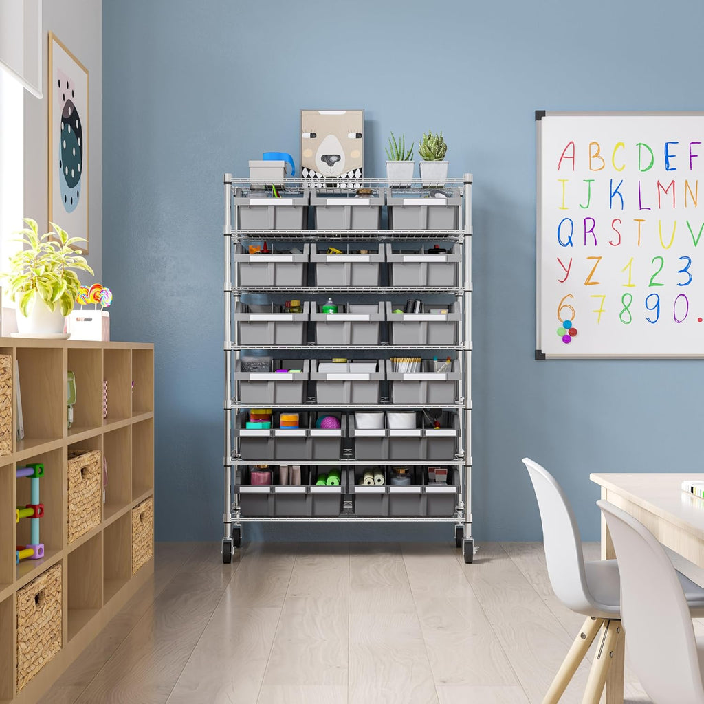 Seville Classics Heavy Duty NSF Bin Rack Solid Steel Wire Shelving Storage Unit, Patented Organizer for Garage, Warehouse, Office, Restaurant, Classroom, Kitchen, Gray, Includes 16 Bins