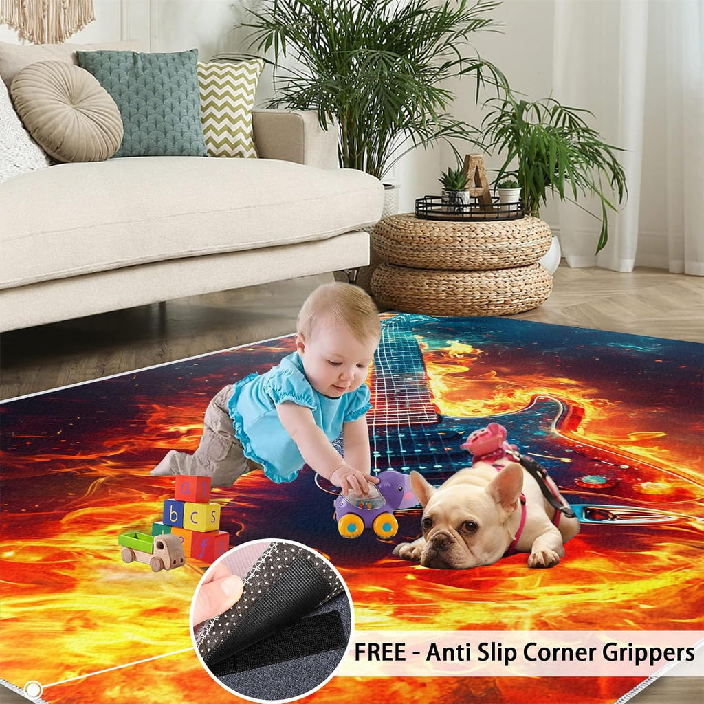 Guitar Living Room Rug, Flame Guitar Area Rug, Washable Bedroom Rugs for Children's Room Dormitory Decor Floor Mat 5x7