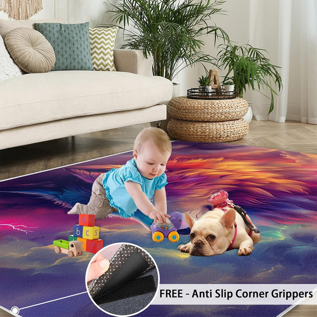 Colorful Wolf Area Rug - Large Rug 6x8 - Lightning Cloud Rugs for Living Room - Soft & Non Slip & Washable Rugs for Bedroom, Fantasy Animal Carpets for Dining Room Lounge Girls Room