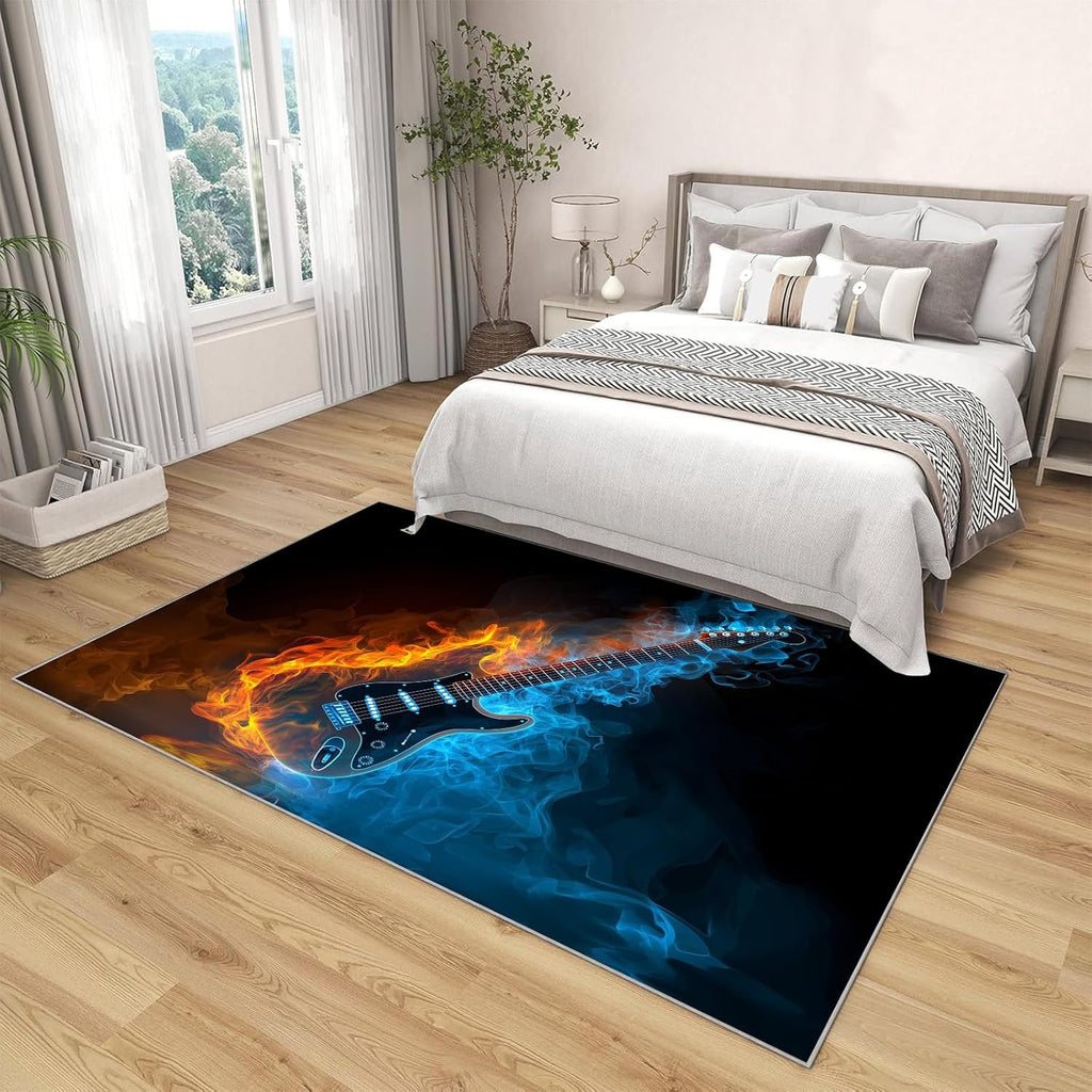 Area Rugs for Living Room - 5'3' x 7'6' Area Rugs, Music Theme Machine Washable Rug Blue Non-Slip Stain Resistant Soft Flaming Guitar Large Carpet Low Pile Thin Carpet