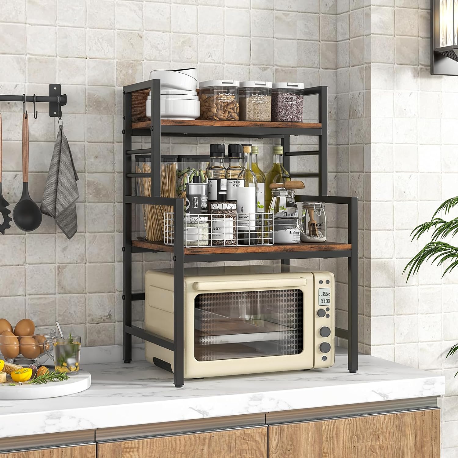 TANGZON 3-Tier Baker's Rack, Industrial Microwave Oven Stand with 2 Anti-tipping Kits & Adjustable Foot Pads, Metal Frame Utility Kitchen Storage Shelves Organiser for Dining Living Room