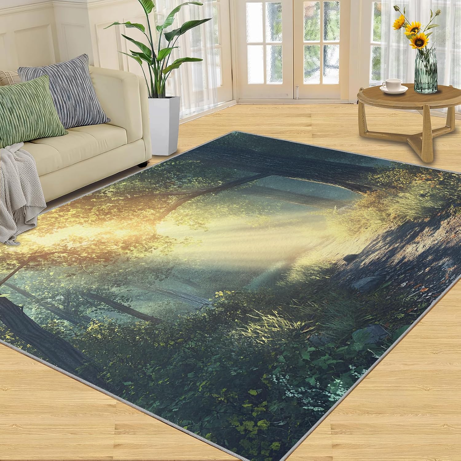 Forest Rugs for Bedroom, Forest Trail Rug 6x8, Natural Scenery Dining Room Rugs Washable & Non Slip Large Carpet for Home Decor