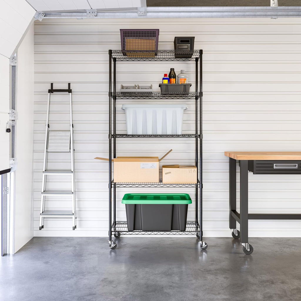 Seville Classics UltraDurable Heavy Duty NSF Solid Steel Wire Rack Storage Unit, Organizer for Garage, Warehouse, Office, Restaurant, Classroom, Kitchen, Black, 5-Tier Shelving, 36' W x 18' D