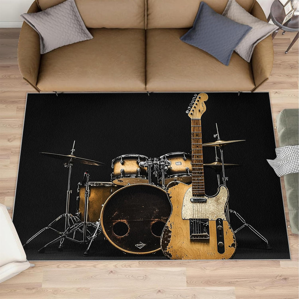 Music Rug 8x10-8x10 Rug, Guitar Area Rugs for Living Room, Drum Set Rugs for Bedroom, Boys Washable Mat, Music Home Decor & Gifts