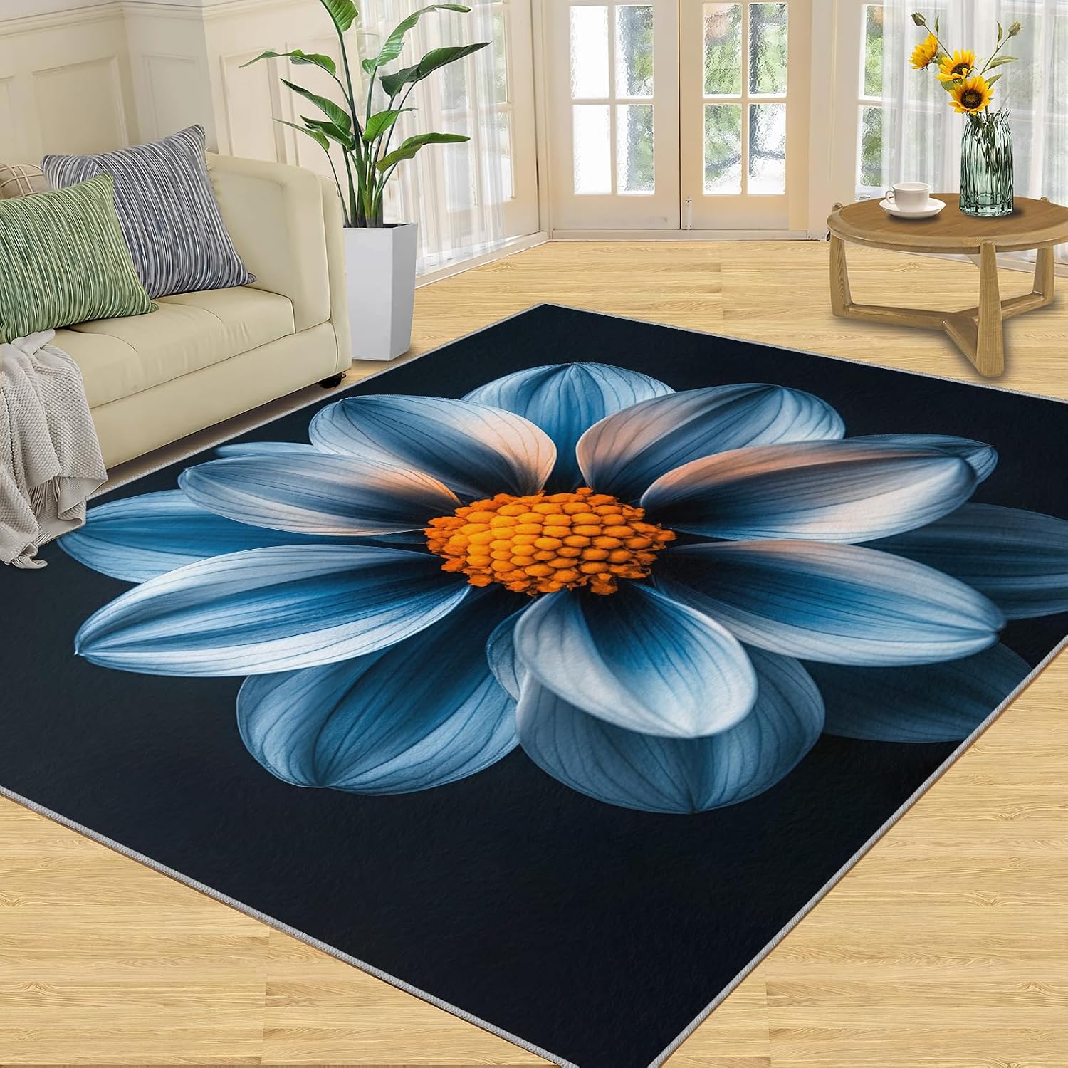 Dahlia Rugs for Living Room, Flowers Area Rug, Low Pile High Traffic Rugs for Woman Bedside Bedroom Kitchen Dining Room Decor Floor Mat 6x8