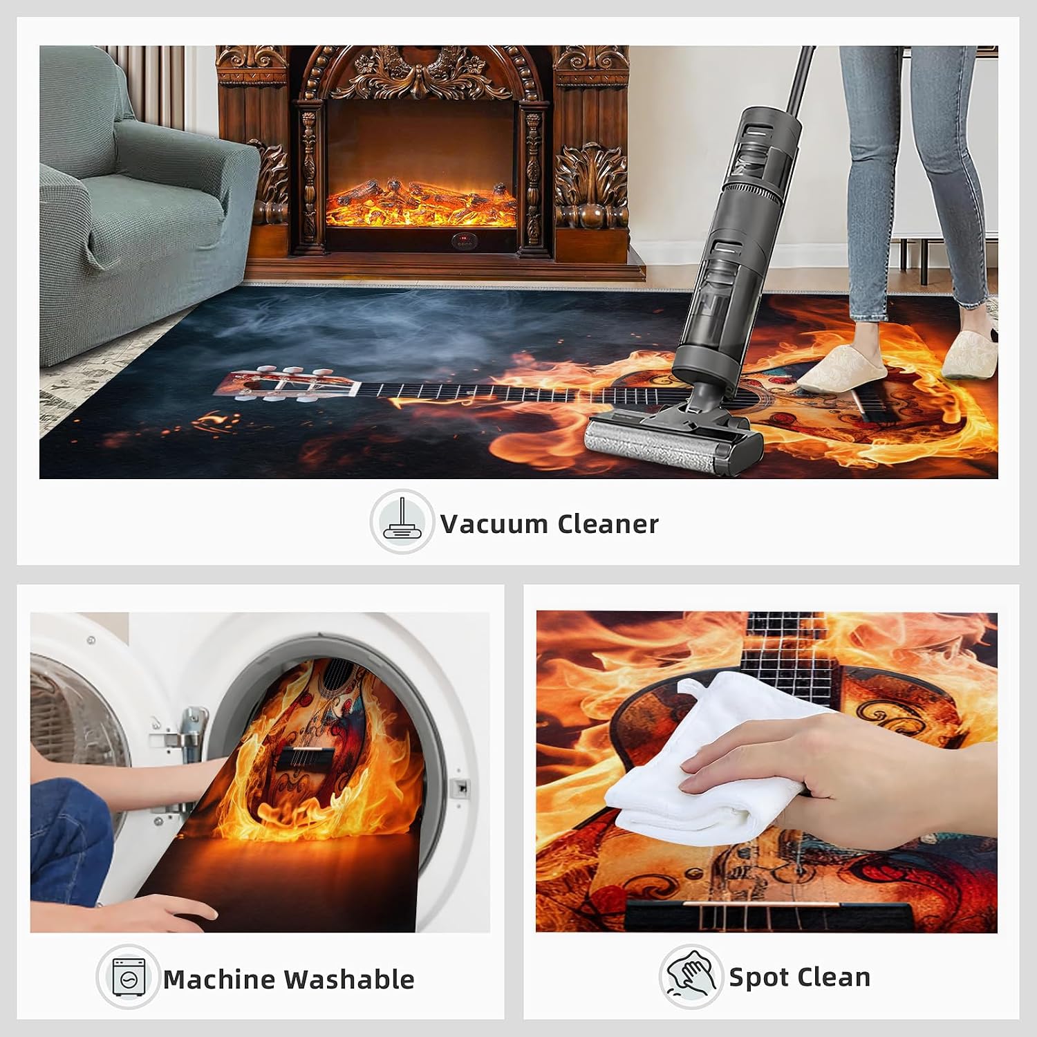Flame Electric Guitar Music Area Rug 4.6x6.6 Rugs for Living Room Bedroom, Vintage Guitar Kids Rugs, Dark Copy Space Throw Rugs for Entryway Indoor Front Door Mat Non Slip Bedside Rug